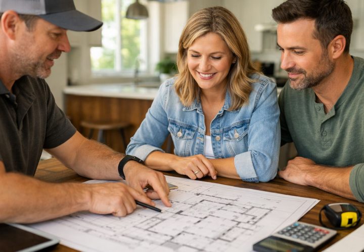 A contractor in a cap sits at a wooden table with a smiling couple, pointing to details on a large set of house plans. The scene depicts a collaborative planning session for a home renovation or construction project.