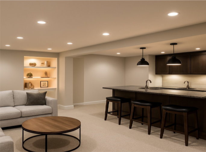 A spacious finished basement featuring a cozy seating area with a sofa and round coffee table on one side, and a modern wet bar with dark wood cabinets, a sink, and bar stools on the other. The room has recessed lighting and built-in illuminated shelves.