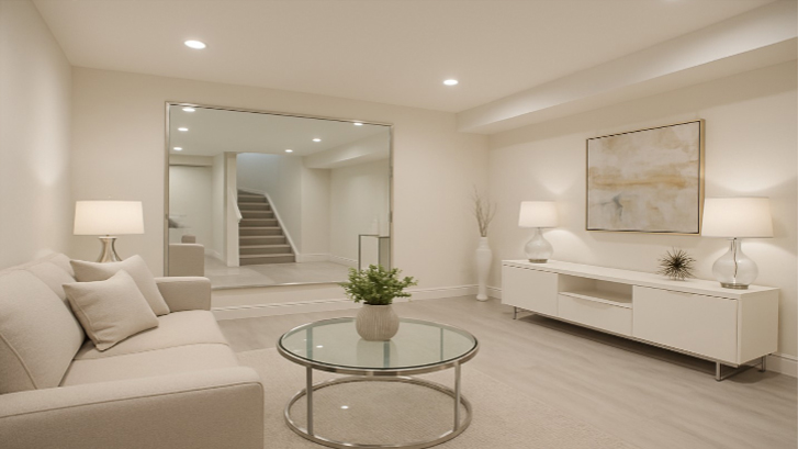 A contemporary finished basement with neutral-toned walls and carpeting. The room is furnished with a light-colored sofa, a glass-top coffee table, and a white media console. A large mirror on the wall reflects a staircase leading to the upper level.